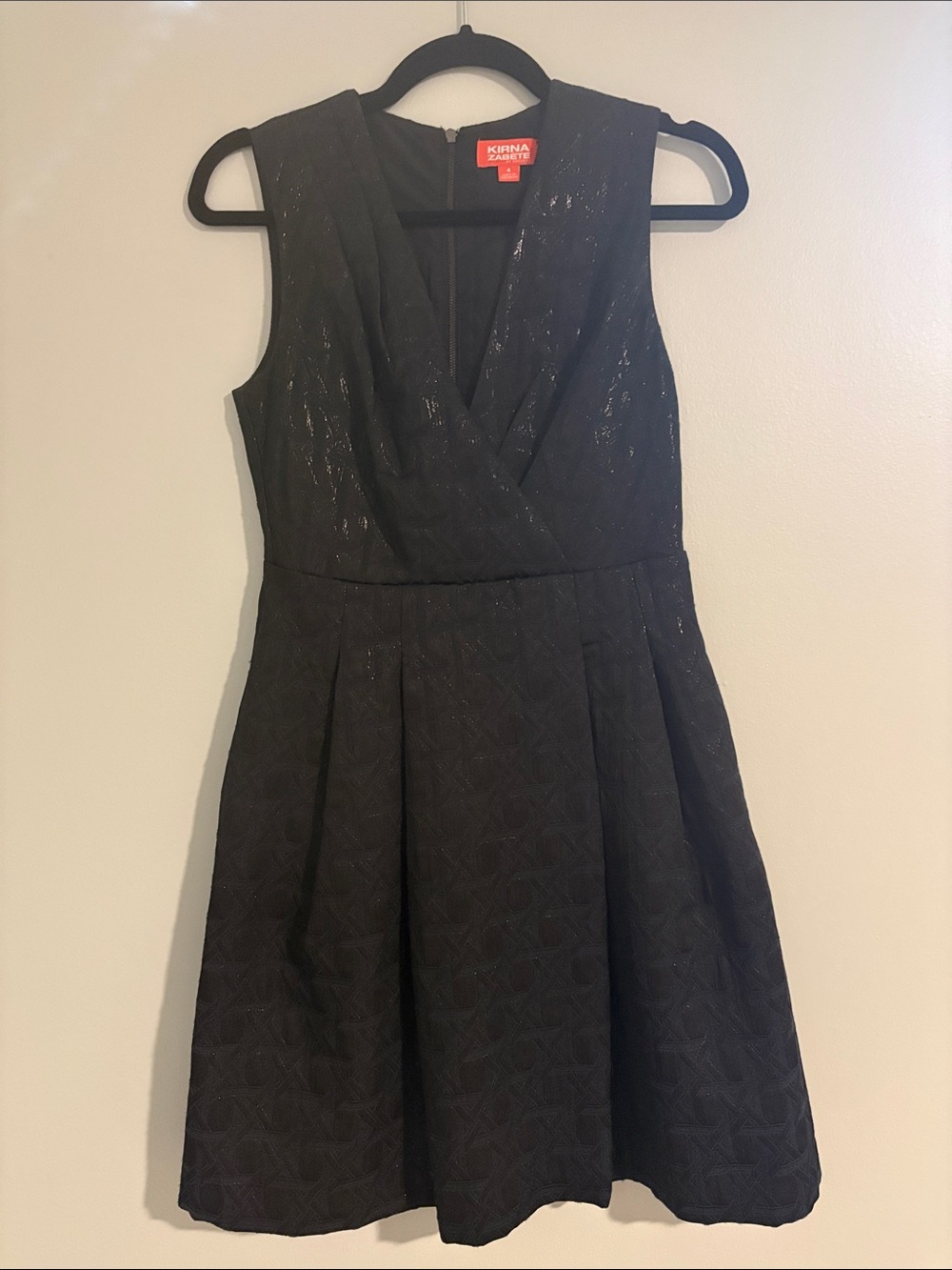 Kirna Zabete Black Textured V-Neck Fit & Flare Mini Dress
